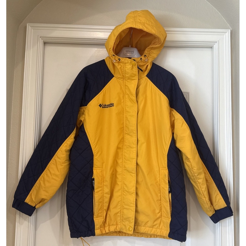 Vtg Columbia Sport Sz L Hooded Winter Parka Jacket Coat Yellow Blue Ski Outdoor